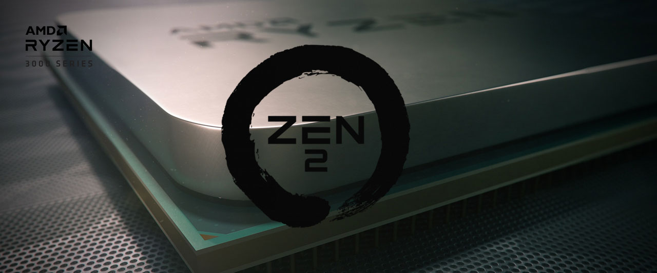 Closeup of a corner of an AMD Ryzen processor, with logo of Zen 2 at the center, and texts at the top left corner reading as “AMD Ryzen 3000 series”